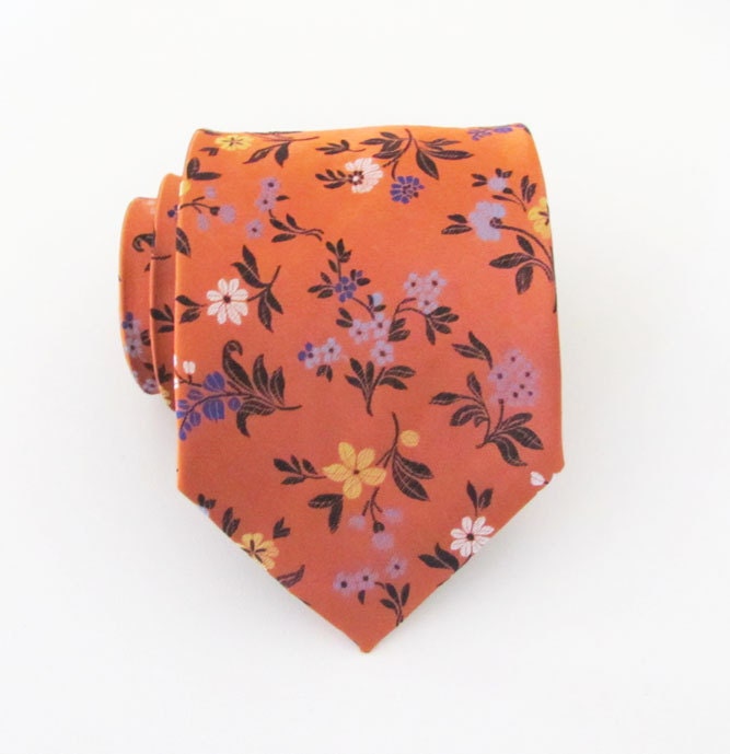 Orange Tie - Burnt Orange Floral Silk Necktie