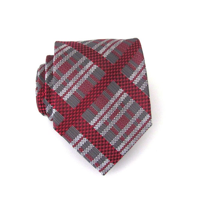 Necktie Red and Gray Plaid Silk Mens Tie