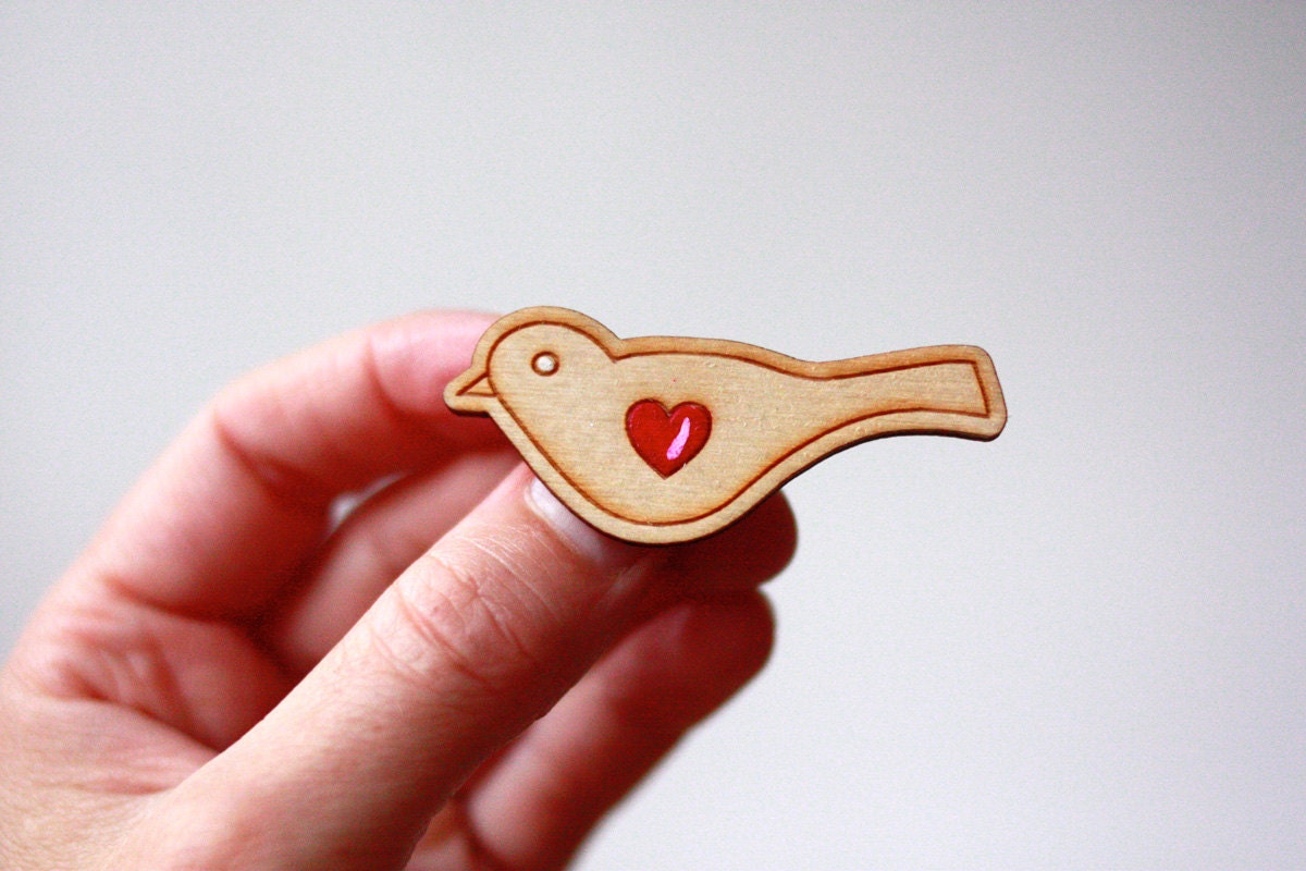 Love Bird Brooch. Hand Painted. Laser Cut. Sustainable Birch Wood.