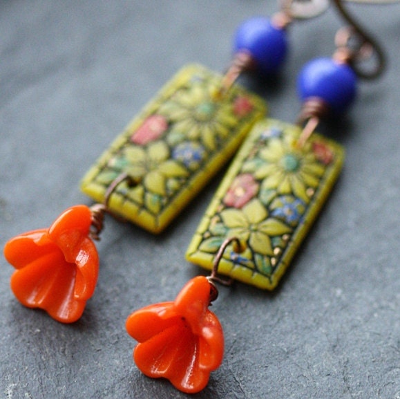 Flower Earrings with Vintage Glass - Magnolia Earrings