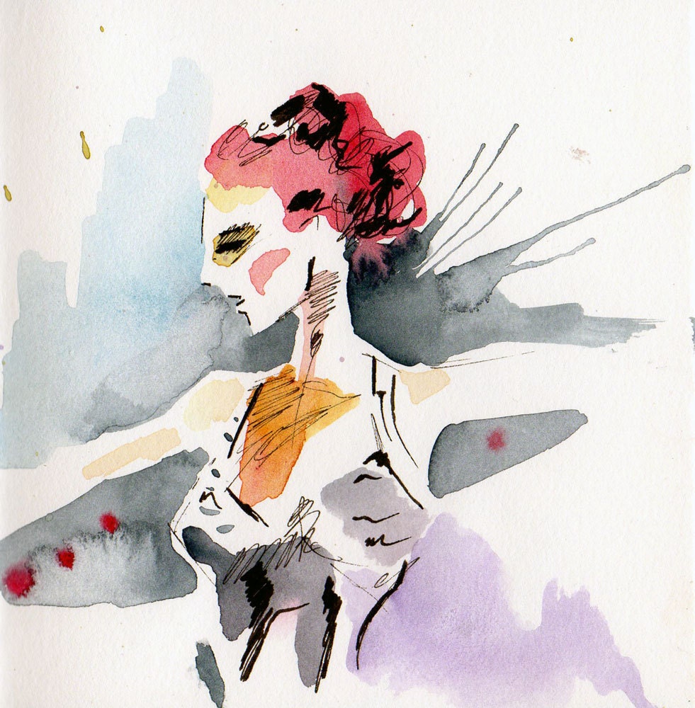 Watercolor Painting of Live Model - Dr. Sketchy's Anti Art School - Asbury Park Branch - Watercolor and Ink Painting by Jen Tracy