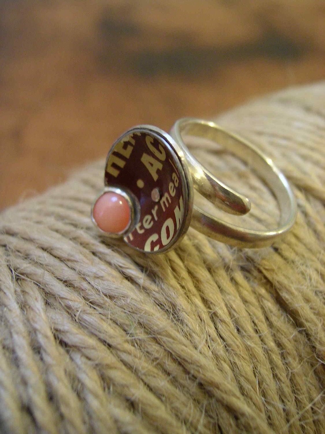 Chocolate and Marshmallow. Ring of silver, reclaimed vintage tins, coral.