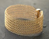 Knit Narrow gold cuff bracelet. Wire crocheted bracelet. Knitted gold cuff. Elegant Handmade bracelet. Unique jewelry