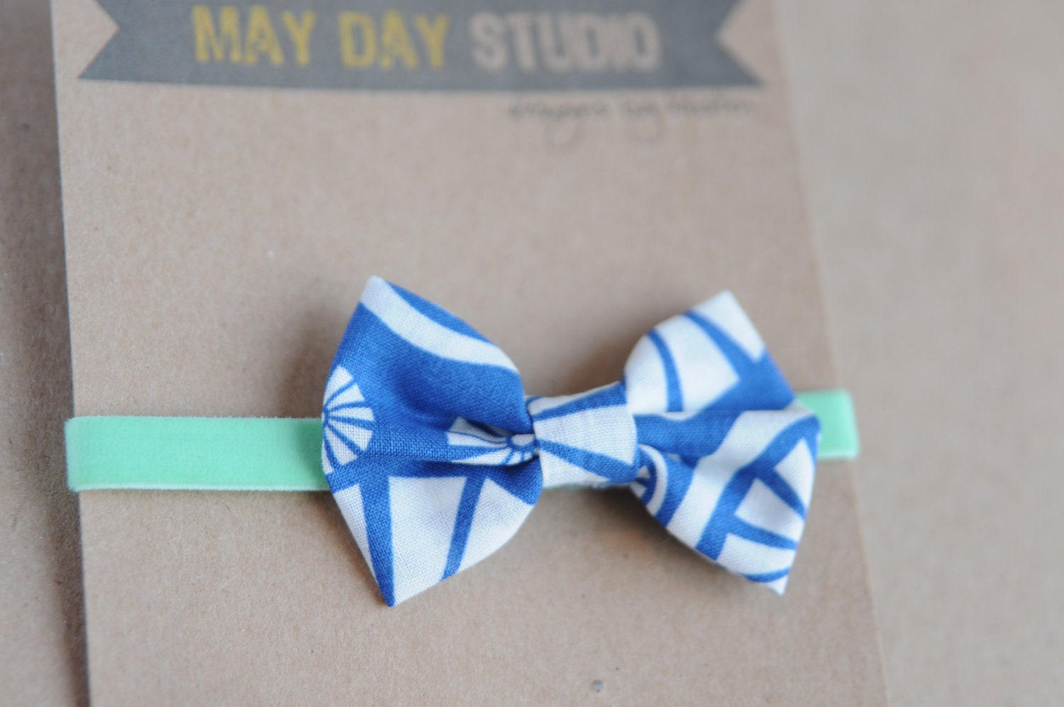 newborn baby toddler girls fabric bow headband - blue swirls on mint green velvet elastic