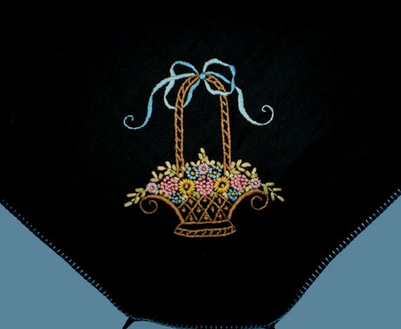 Vintage 50s Embroidered Black Table Cover Bridge Cloth