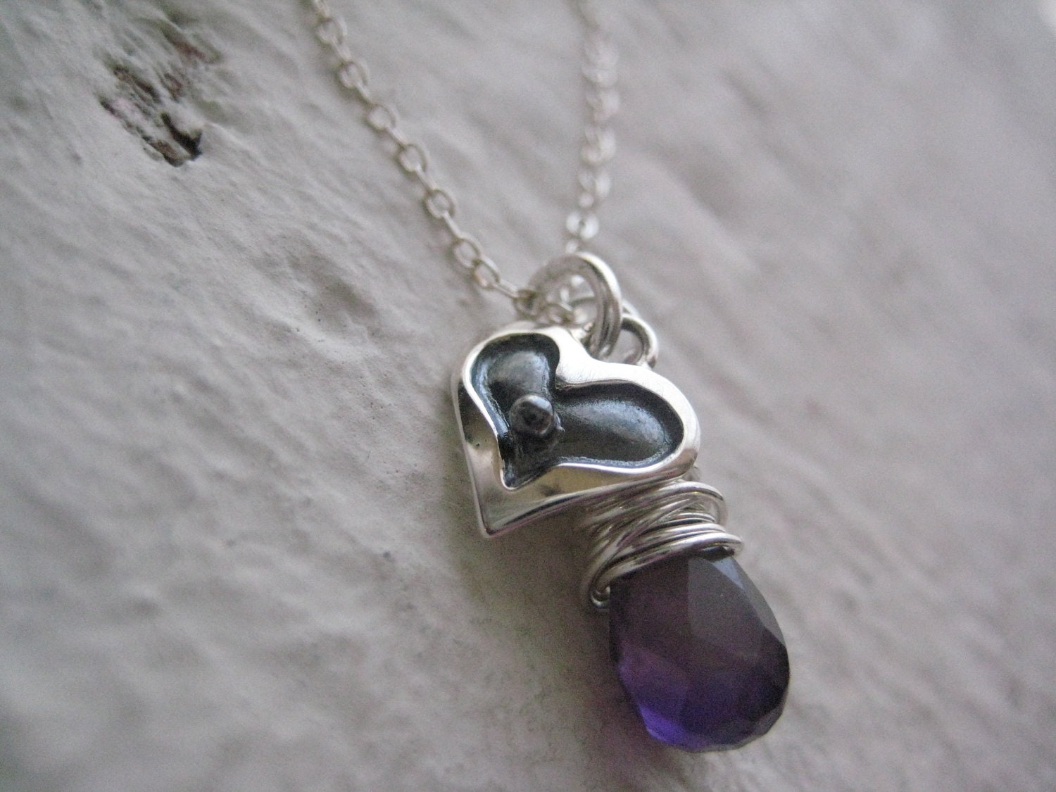 Lilla Necklace- Sterling Silver, Heart Charm, Wire Wrapped Amethyst