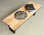 MSTRF / Satorii - 48 x 18 Modern Abstract Rustic Coffee Table Geometric Pattern w/ Natural Lacquer Finish