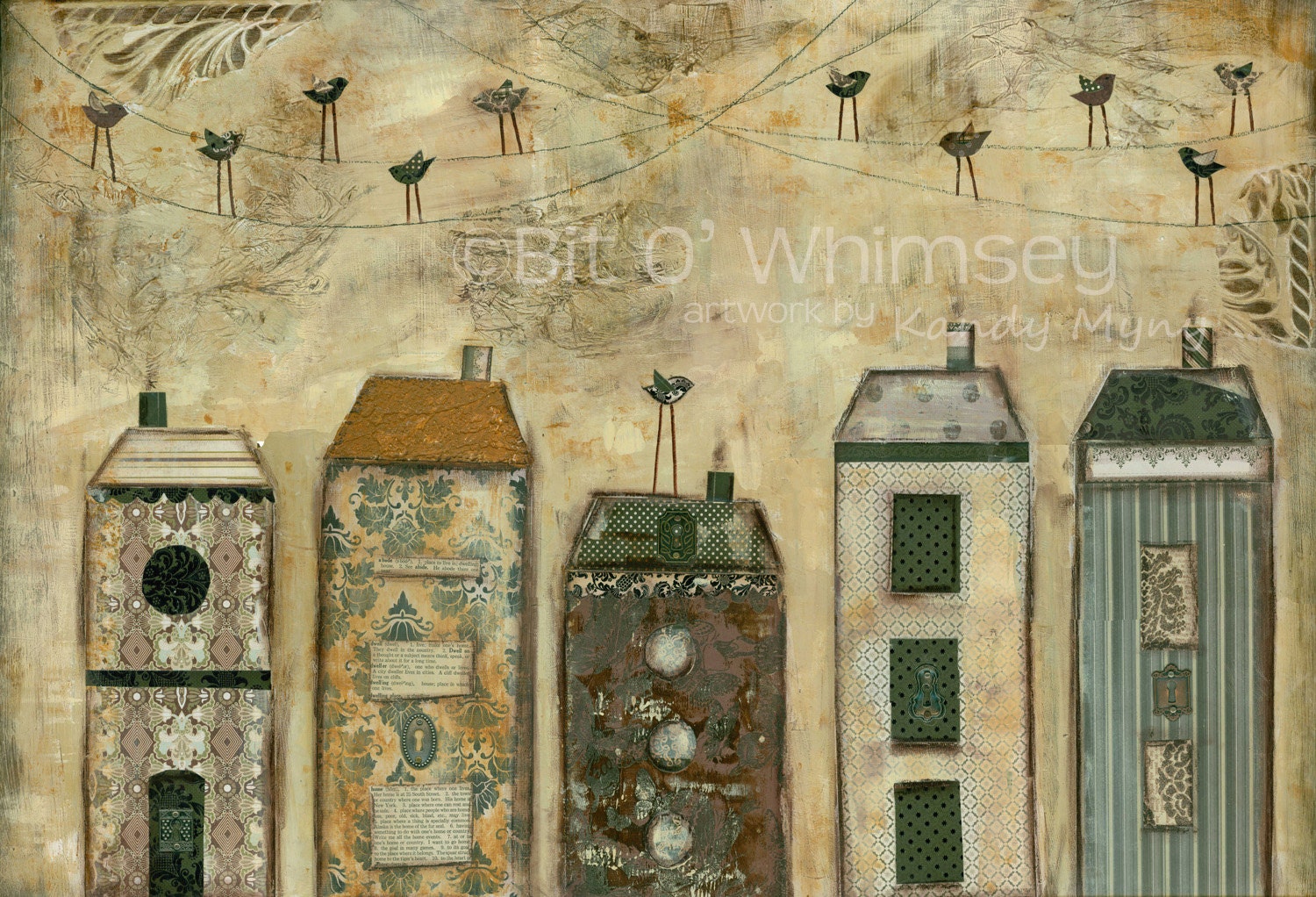 Dwell...12 x 18 print from original mixed media and collage painting by Kandy Myny Row houses Brown Birds on a Wire
