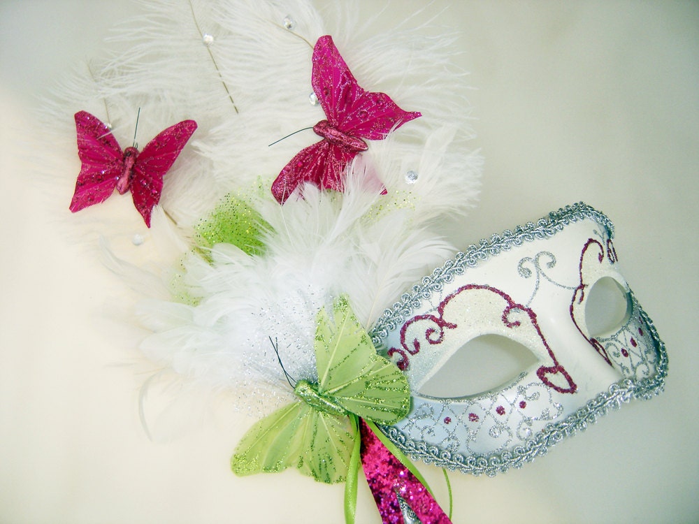 Hot Pink and Lime Green Butterfly Venetian Mask