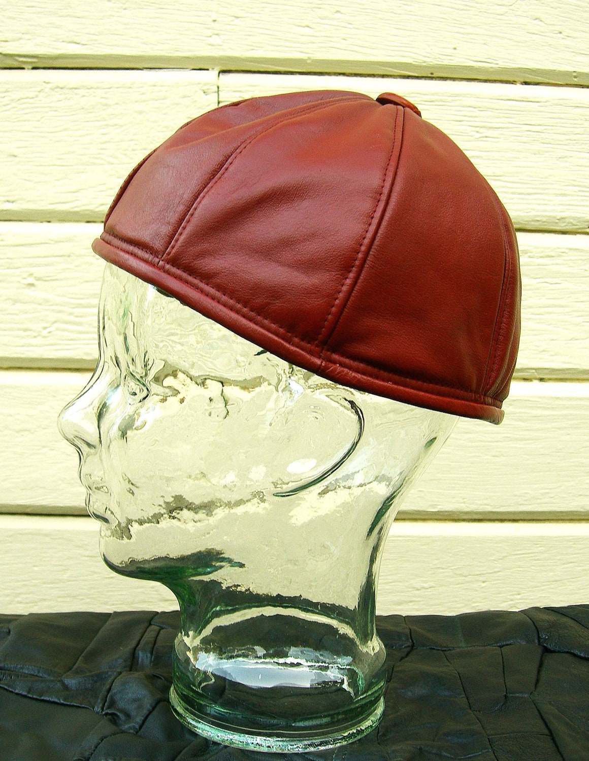 Leather Beanie in Rust Red, Unisex Style