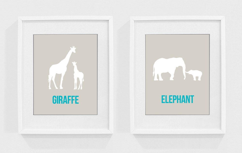 Nursery Art - Elephant and Giraffe - 8 x 10 print - children's wall art, nursery decor, kids room, playroom, baby room