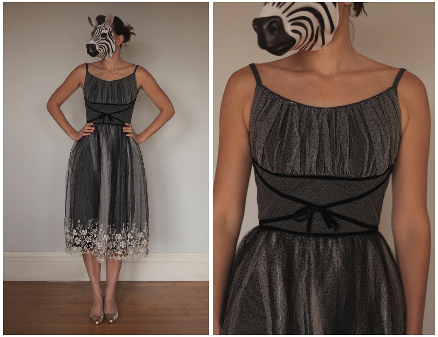Vintage 50s Black and White Ballerina Prom Dress with Swiss Dot Tulle and Ruched Bodice - sz M