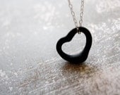 Floating Heart - Frosted Black Glass Heart - Delicate Sterling Silver Necklace - organic freeform heart