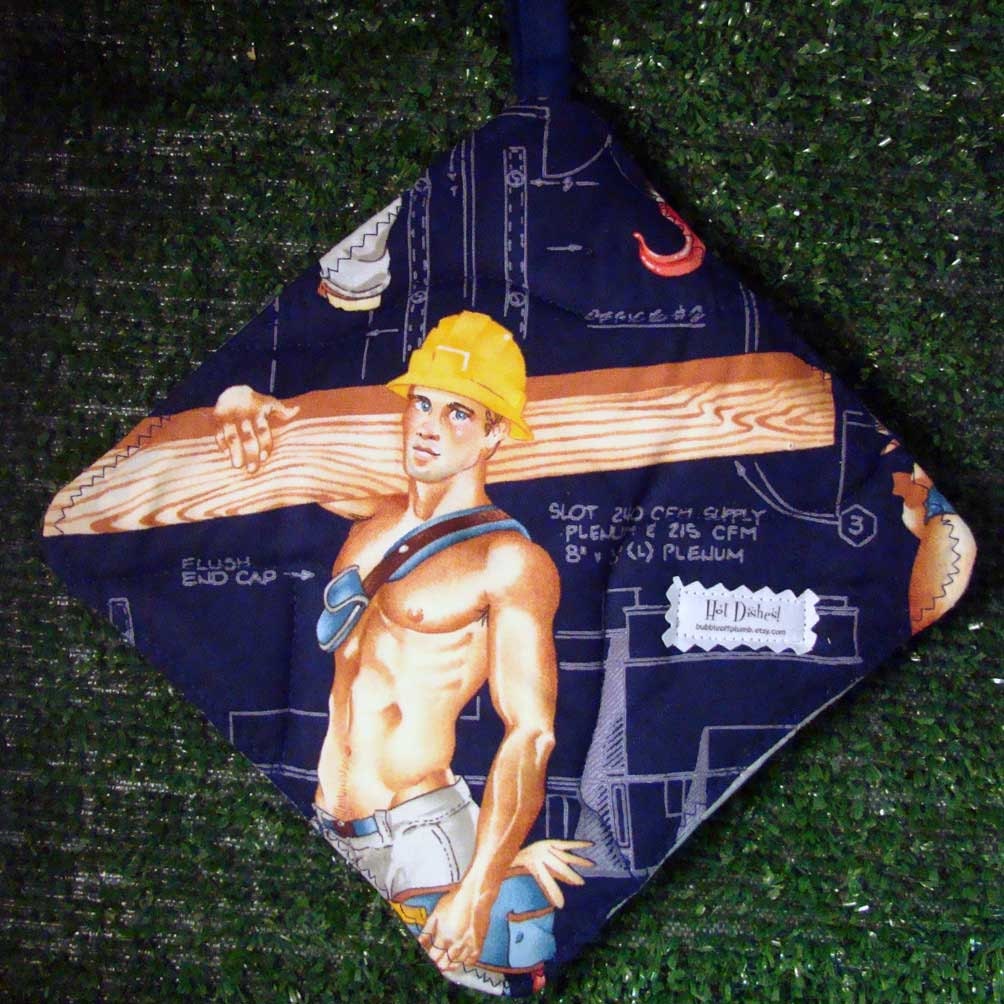 Hot Dishes - Finally A Man Who's Handy In The Kitchen - Shirtless Construction Worker Pot Holders
