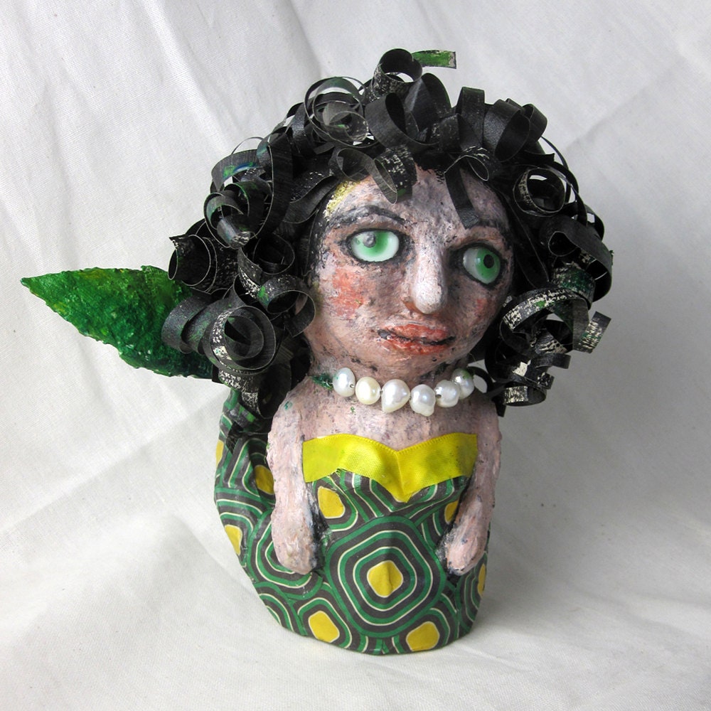Mermaid, Paper mache paper clay hand painted six inch primitive folk art figurine for home decor