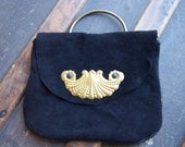 SALE Black Leather Clutch with Brass Shell