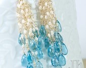 Nila Earrings ... Swiss Blue Topaz, Fresh Water pearls, 14k gold filled ear posts