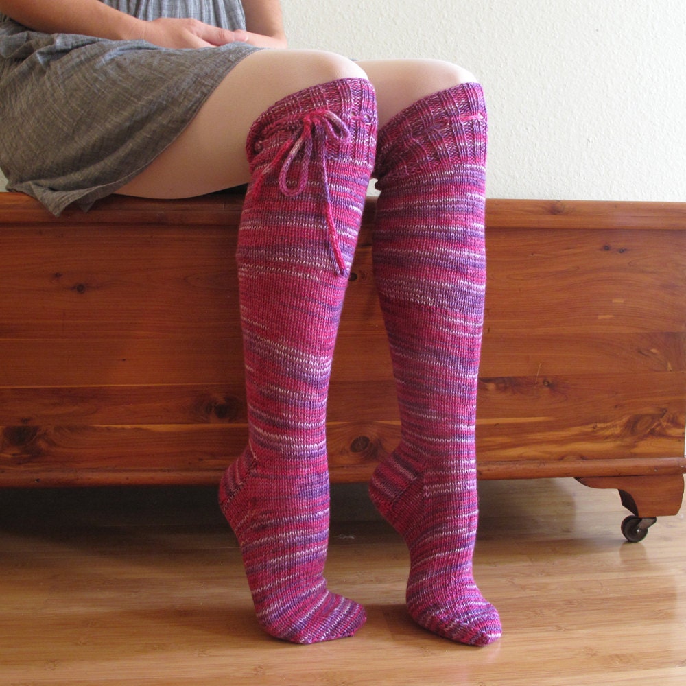 Knee High Socks Very Berry Pink Merino Wool with Ties hand knit