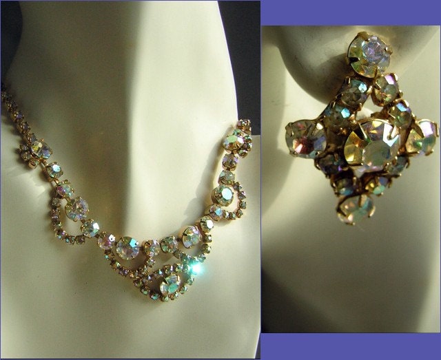 Vintage 50s AB Rhinestone Demi Parure - Earrings & Necklace - Large Lovely Juliana Cocktail Set