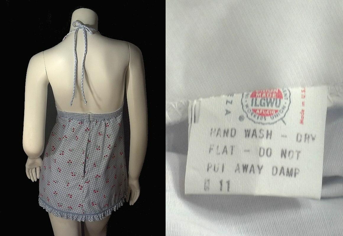 CHERRIES Novelty Print Vintage Gingham Rockabilly Lounging HALTER Swimsuit