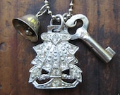 Charms on Chain Vintage Rhinestone Shoe Buckle on Base Metal Ball Chain with a bell and key, Reclaimed Upcycled Gifts under 25 Gifts for He
