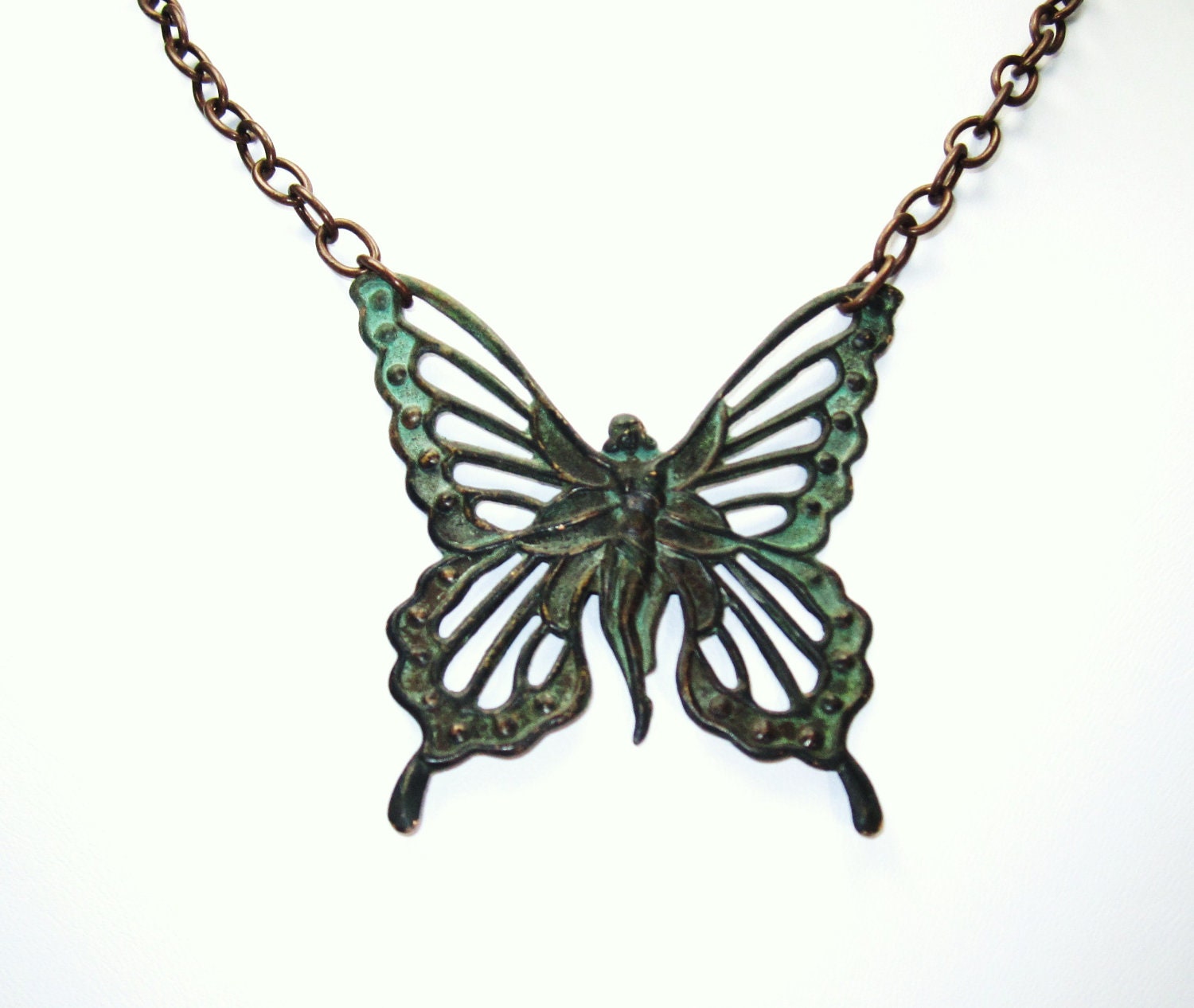 Fairy Butterfly Pendant Necklace-Green Patina- - SandraPennJewelry
