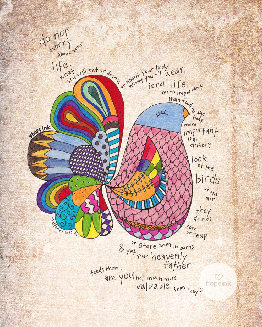 Do Not Worry, Hand Drawn Bird Illustration, Scripture Art Print (8x10)