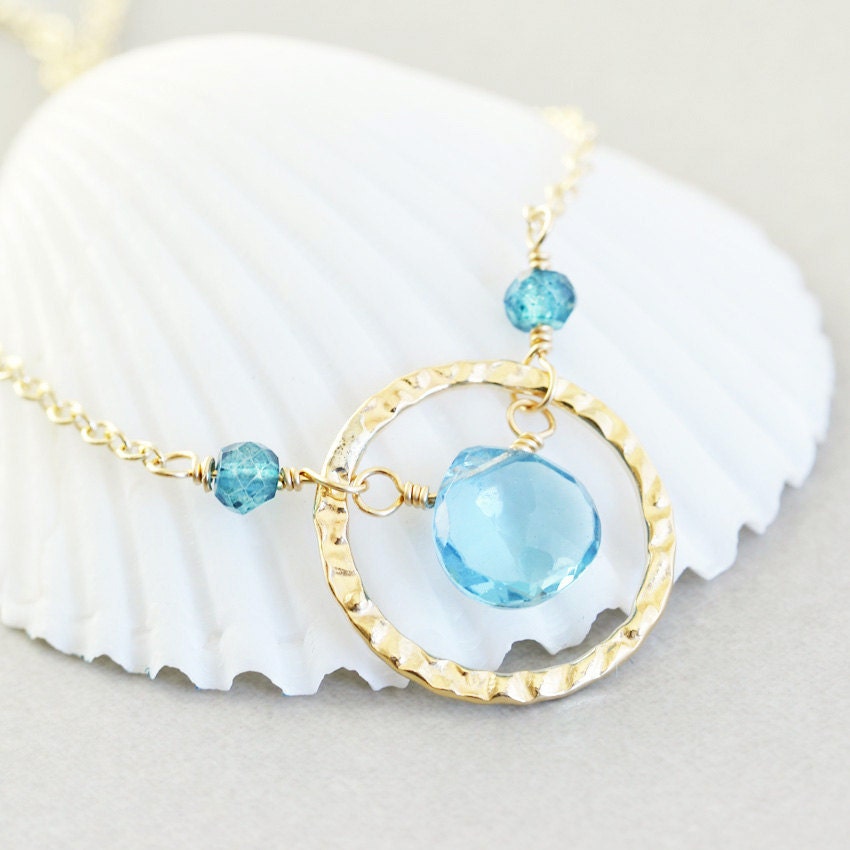 Blue Topaz Circle Necklace, Gemstone Necklace, December Birthstone, London Blue Pendant