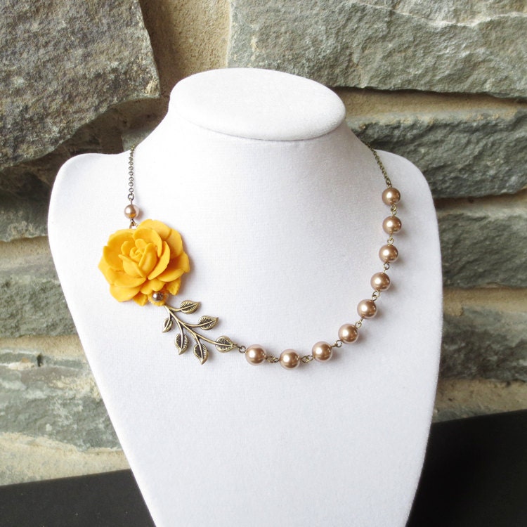 Flower Garden - Statement Necklace with  Rose Pendant - Wedding, Bridesmaid necklace, Orange Flower Leaf, Bronze Pearl, Brass