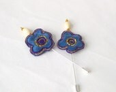 Shawl hat pin blue velvet chunky fabric flower 5 inch Danish
