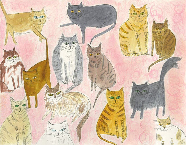 Fourteen Fat Cats.  Limited edition print of a watercolor painting by Vivienne Strauss