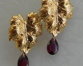 Garnet Drop Earrings - Vintage Gold Tone Leaf Design