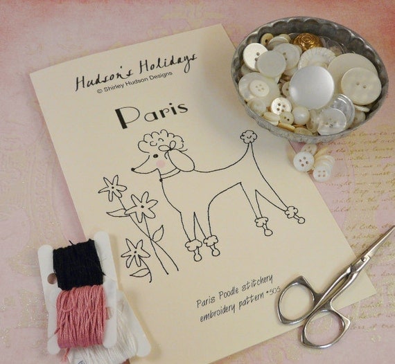 Paris Poodle puppy dog Stitchery E Pattern - embroidery 2012 Pdf French flower retro