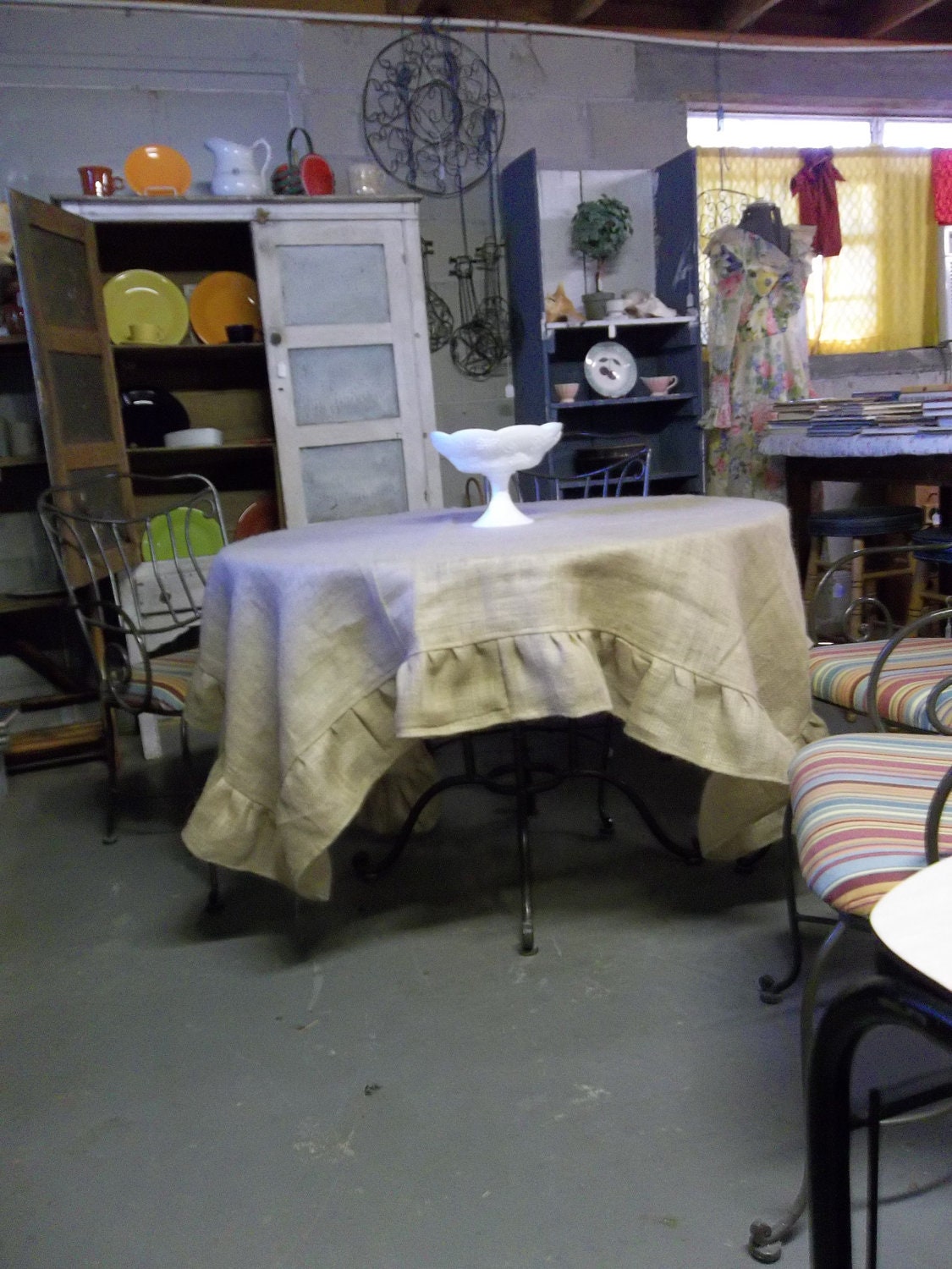 Burlap Tablecloth Ruffled Wedding Decor Table Settings French Country Farmhouse Cottage Chic Dining Tabletop Round Tablecloth