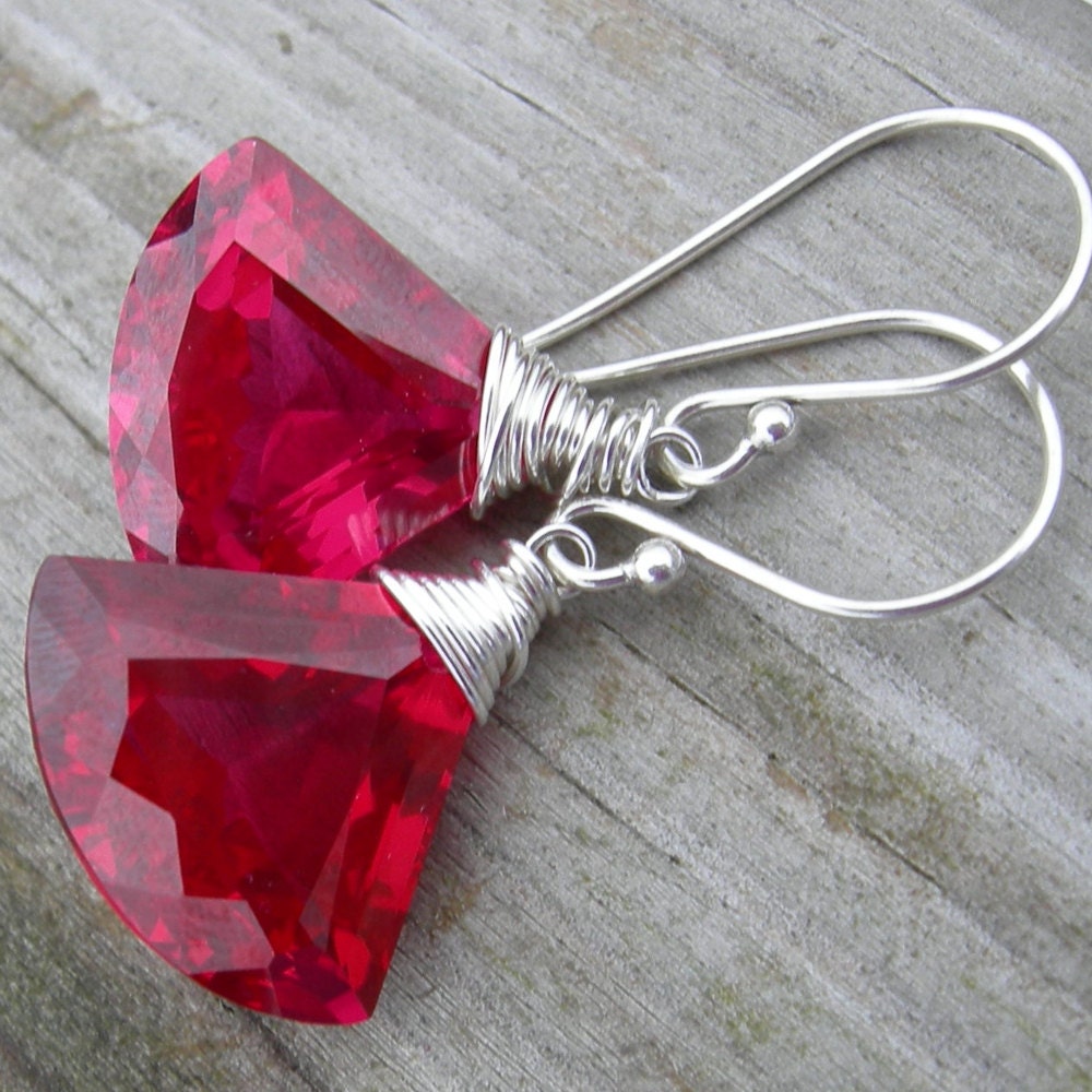 Red Quartz Fancy Fan Briolette Sterling Silver Wire Wrapped Earrings Holiday Jewelry