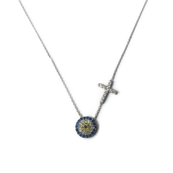 Evil Eye and Sideways Cross Swarovski Sterling Silver Celebrity Necklace