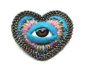 Embroidered Heart Brooch Cyclops on Teal Felt