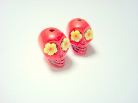 Red and Yellow Flower Eyes in Day of The Dead Sugar Skull Beads-12mm