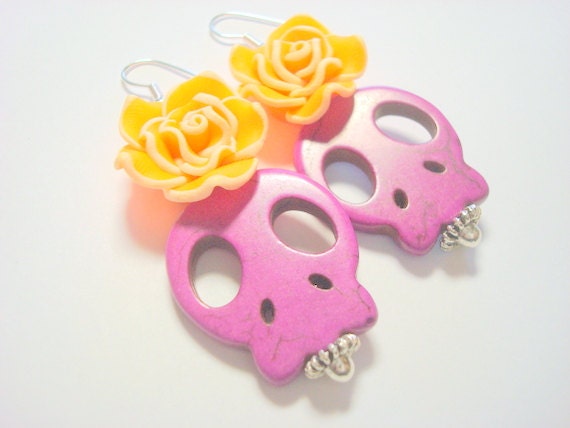 Purple and Orange Day of the Dead Roses and Sugar Skull Earrings