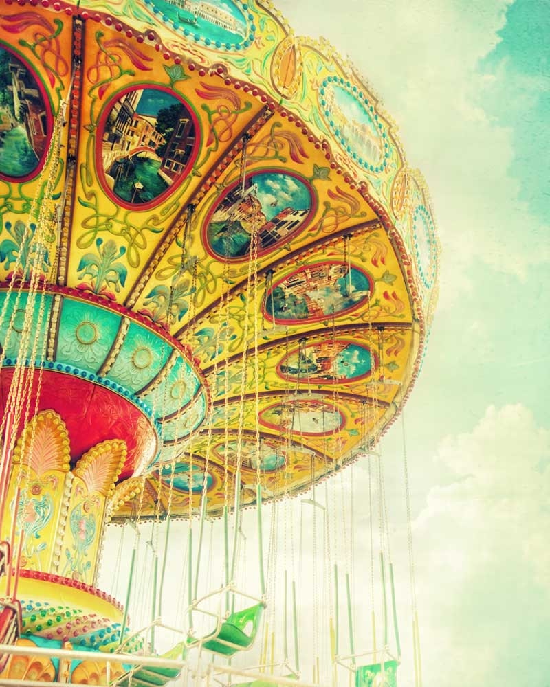Carnival photography, swing ride, golden sunset, puffy clouds, children's wall art, teal gold turquoise print - 8x10 photograph
