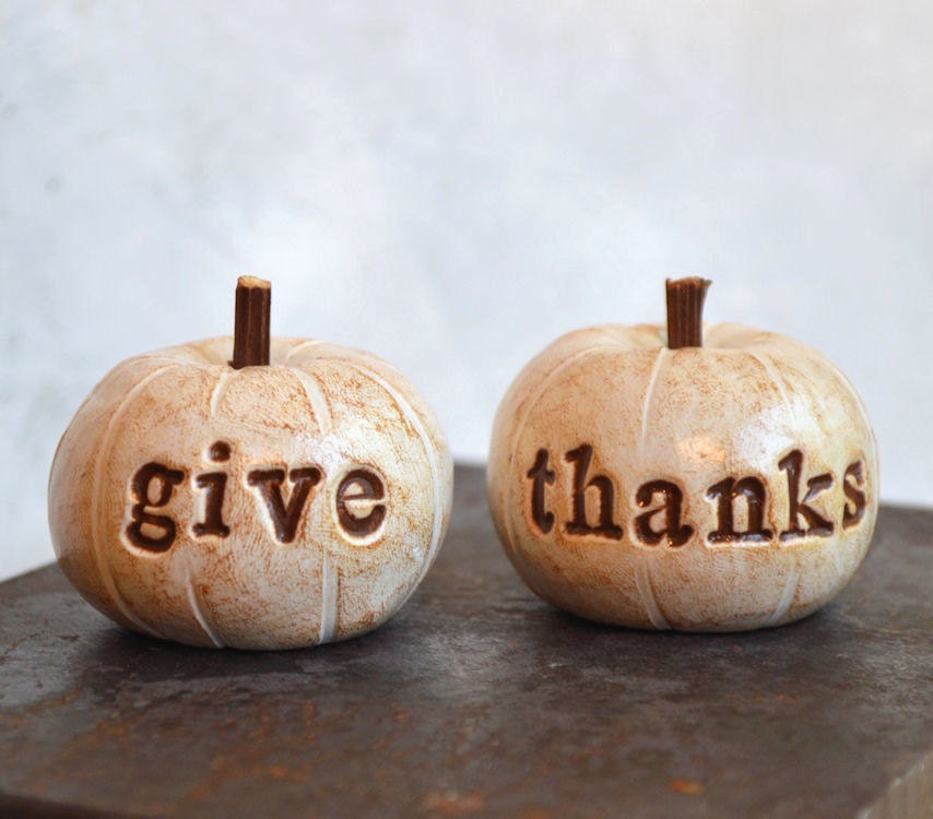 Thanksgiving decor ... give thanks ... handmade polymer clay pumpkins ... Word Pumpkins, ready to ship - SkyeArt