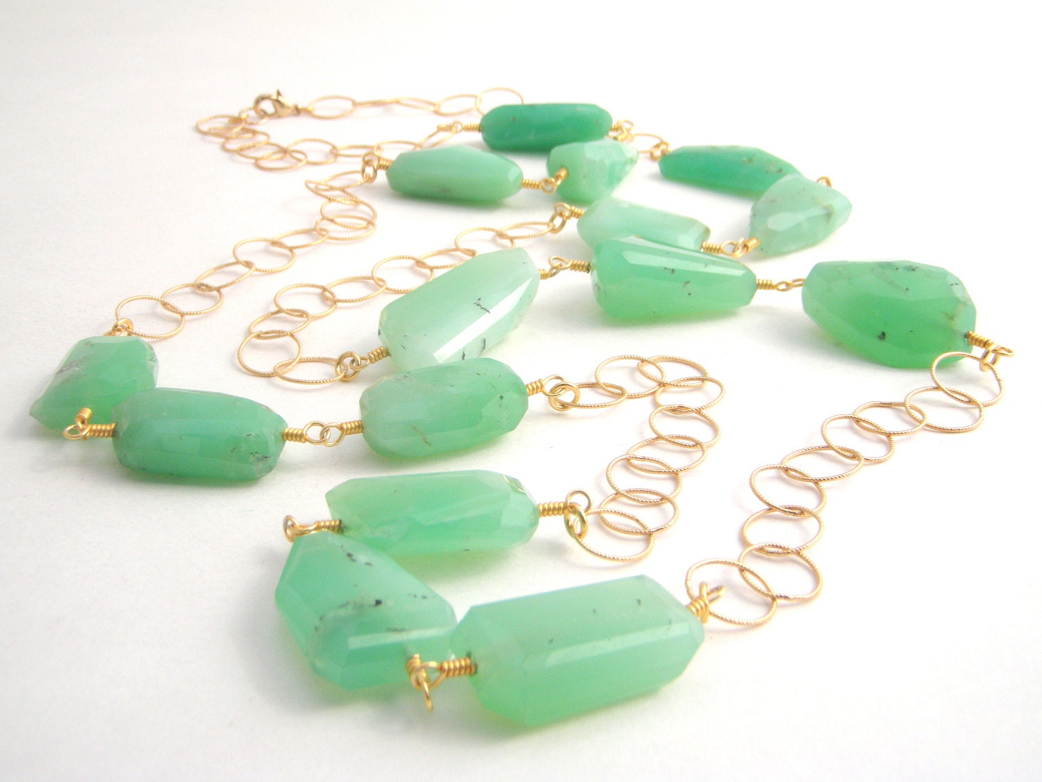 Chrysoprase Nugget And Chain Necklace  - 14k Gold Chain - Mint Green - Chunky - 36 Inches