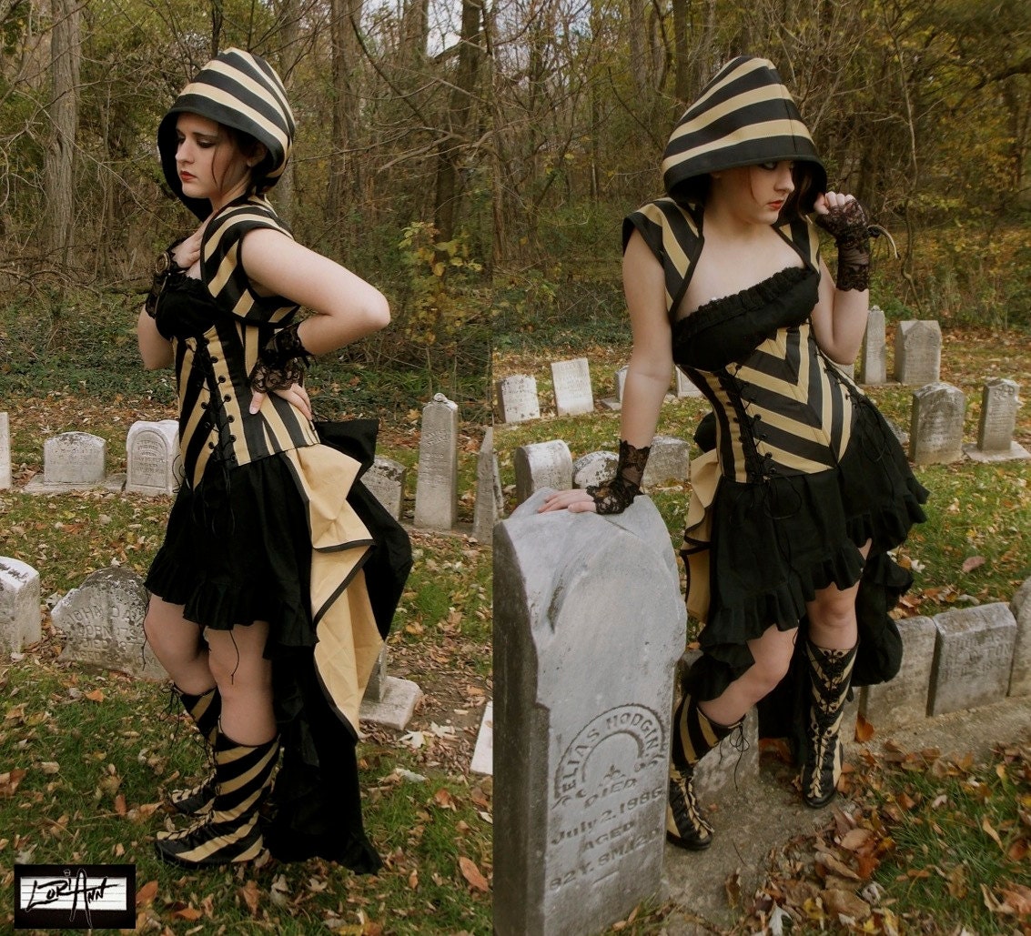 Photo Shoot Set - Bolero Shrug Steampunk Elegance - Black and Pale Gold Stripe Corset,  Top, Skirt, Add-A-Bustle, and Spats - 24-27" Waist