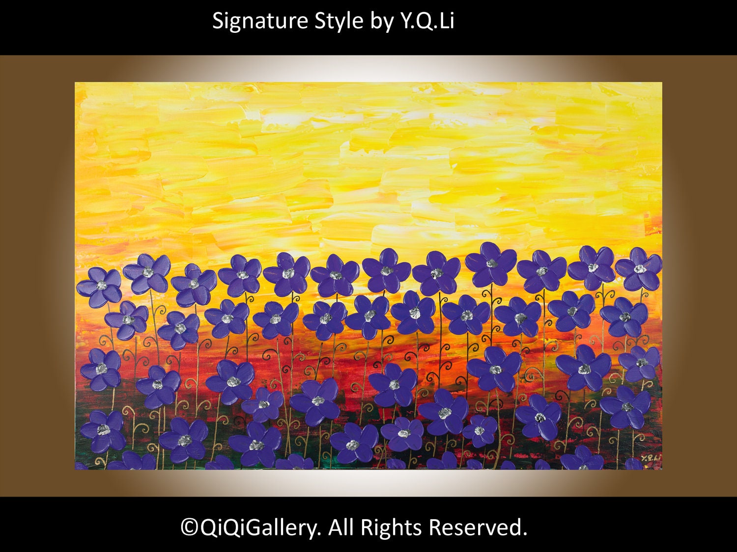 Original Abstract Acrylic Landscape Painting Heavy Texture Palette Knife Flowers Wall Décor "Sunset at Violet Field"