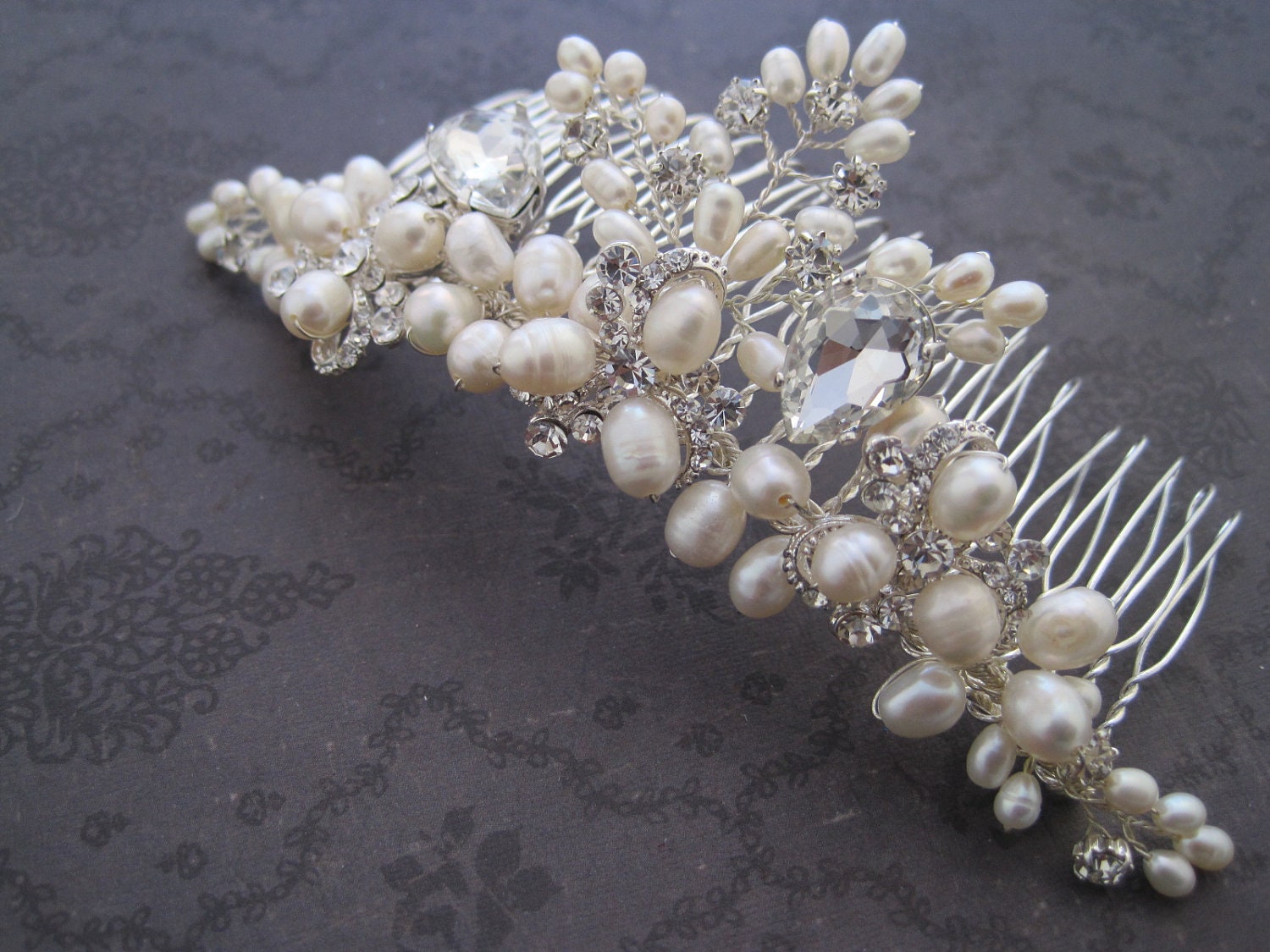 Wedding Bridal ivory pearl rhinestone silver wire wrapped hair comb tiara