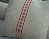 Cottage Pillow 20" Down & Feather Red Stripes Vintage Grainsack Shabby Chic