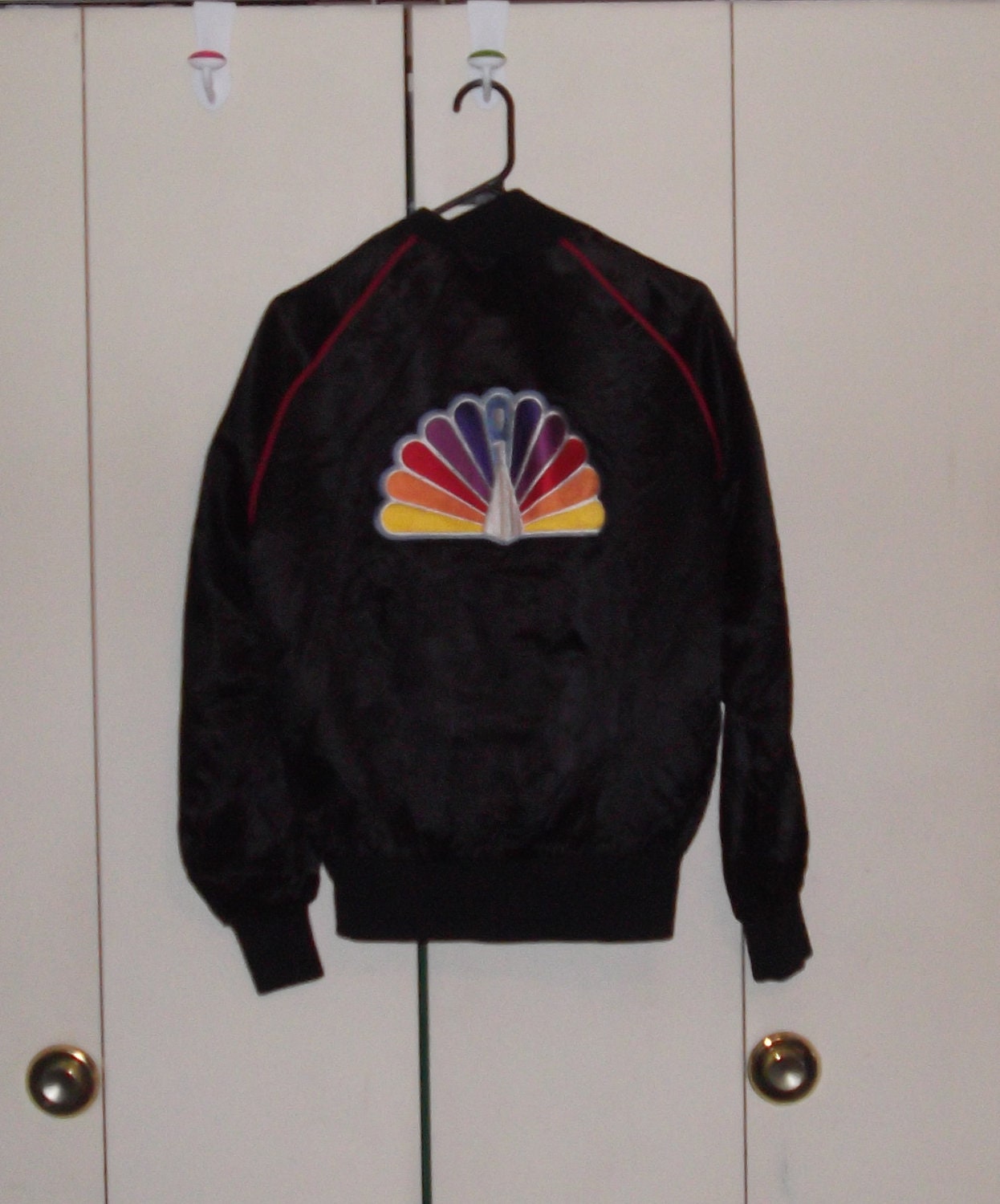 vintage 1980s quilted black satin jacket NBC small medium hollywood