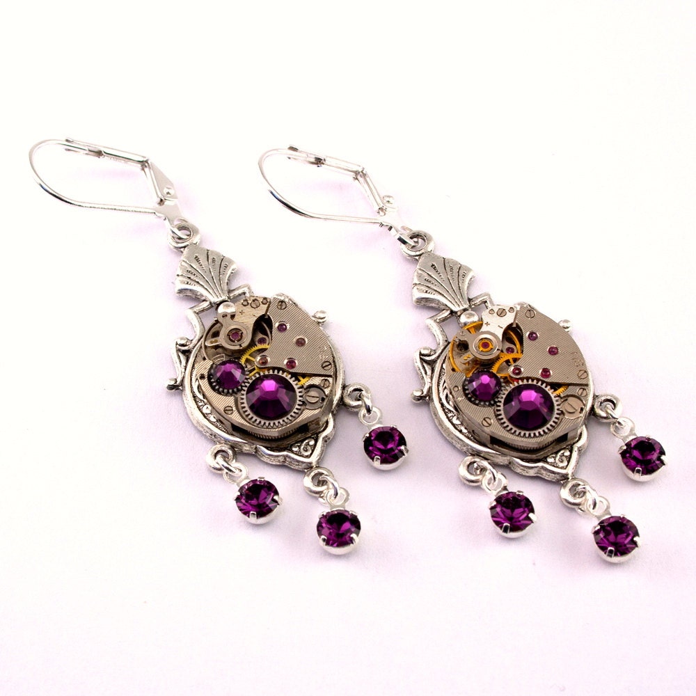 Steampunk Earrings - Vintage Watch Movements & Amethyst Purple Swarovski Crystals Promptly Shipped - Steampunk Jewelry
