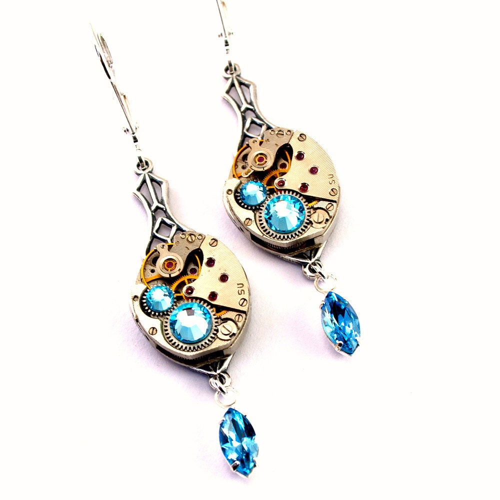 Steampunk Earrings - Vintage Clockwork & Aqua Marine Blue Swarovski Crystals Promptly Shipped - Steampunk Jewelry