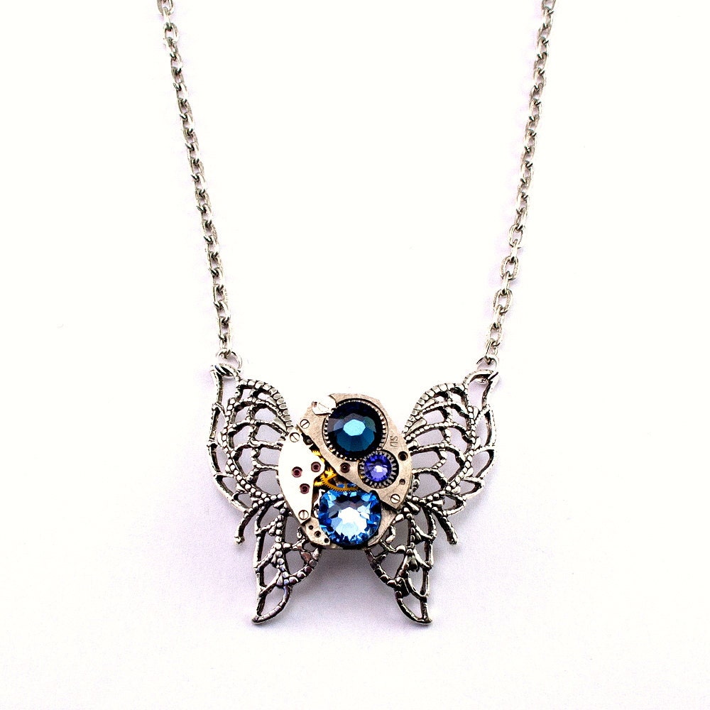 Steampunk Necklace - A Vintage Clockwork Butterfly & Light Sapphire Blue and Montana Swarovski Crystals - PROMPTLY SHIPPED Steampunk Jewelry
